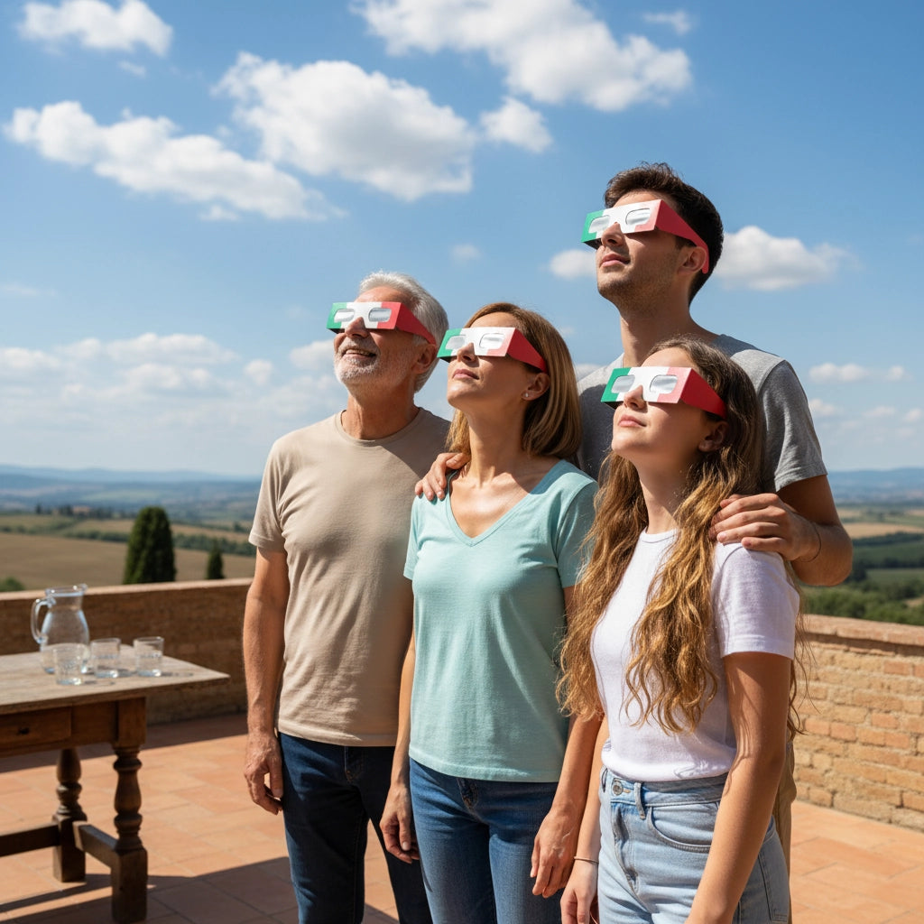 Multi-generational Italian family gathered on a terrace, all wearing IT design solar eclipse glasses, looking up in amazement.