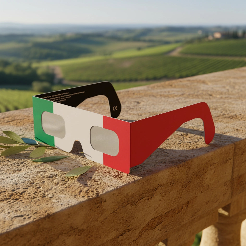 Showcasing IT design solar eclipse glasses on a sun-warmed travertine stone balustrade in a rustic Italian vineyard.
