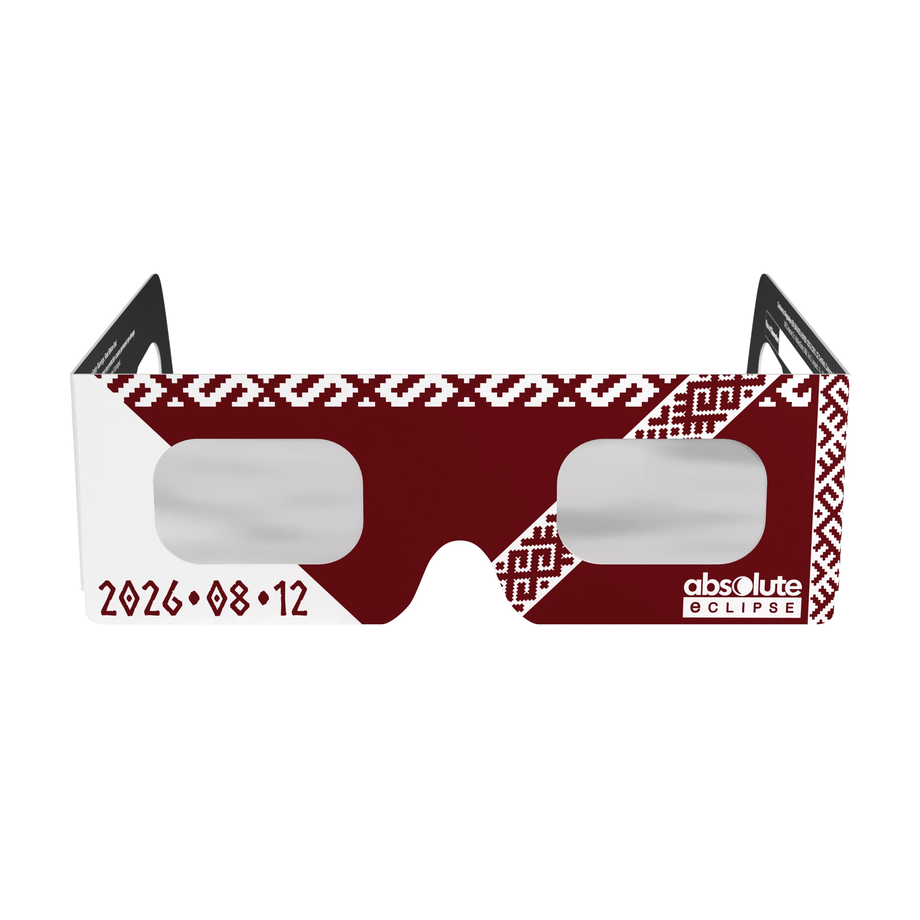 Front view of solar eclipse glasses, showcasing the clean design and flat lenses with QR authenticity sticker.
