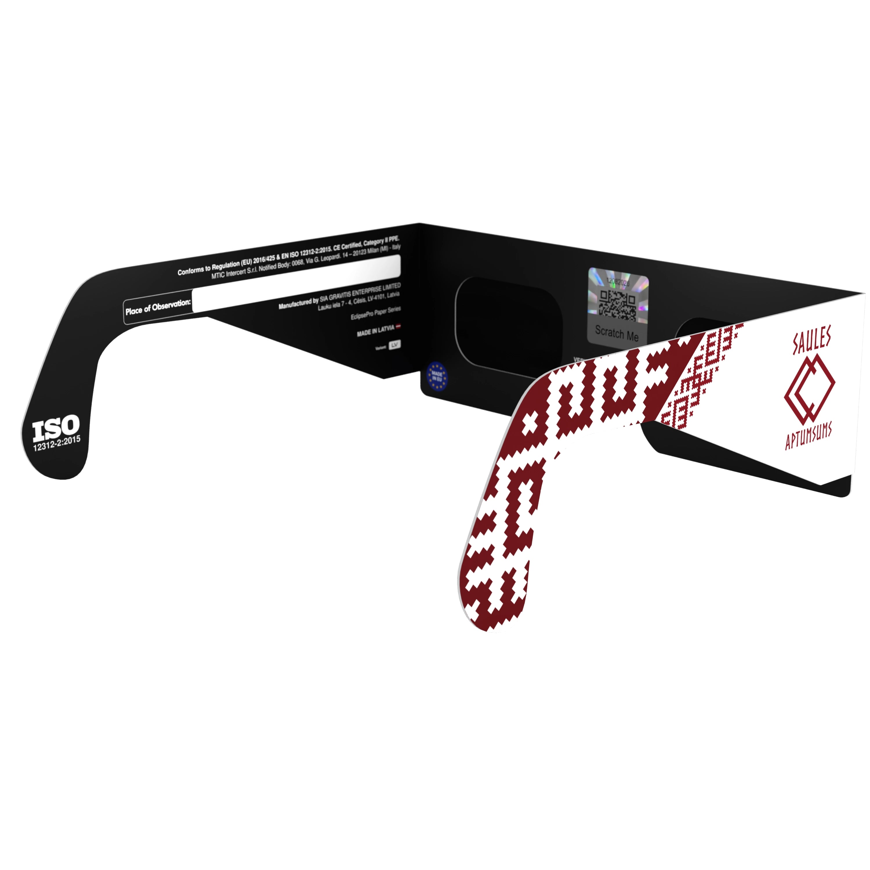 Back-side angle view of solar eclipse glasses, featuring the QR authenticity sticker for assurance.