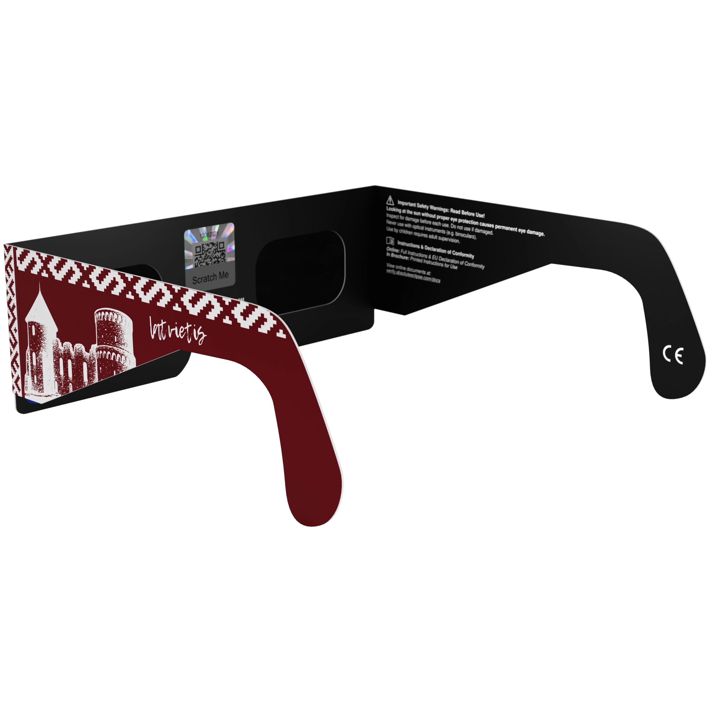 Back-side angle view of eclipse glasses, showcasing design with QR authenticity sticker visible.