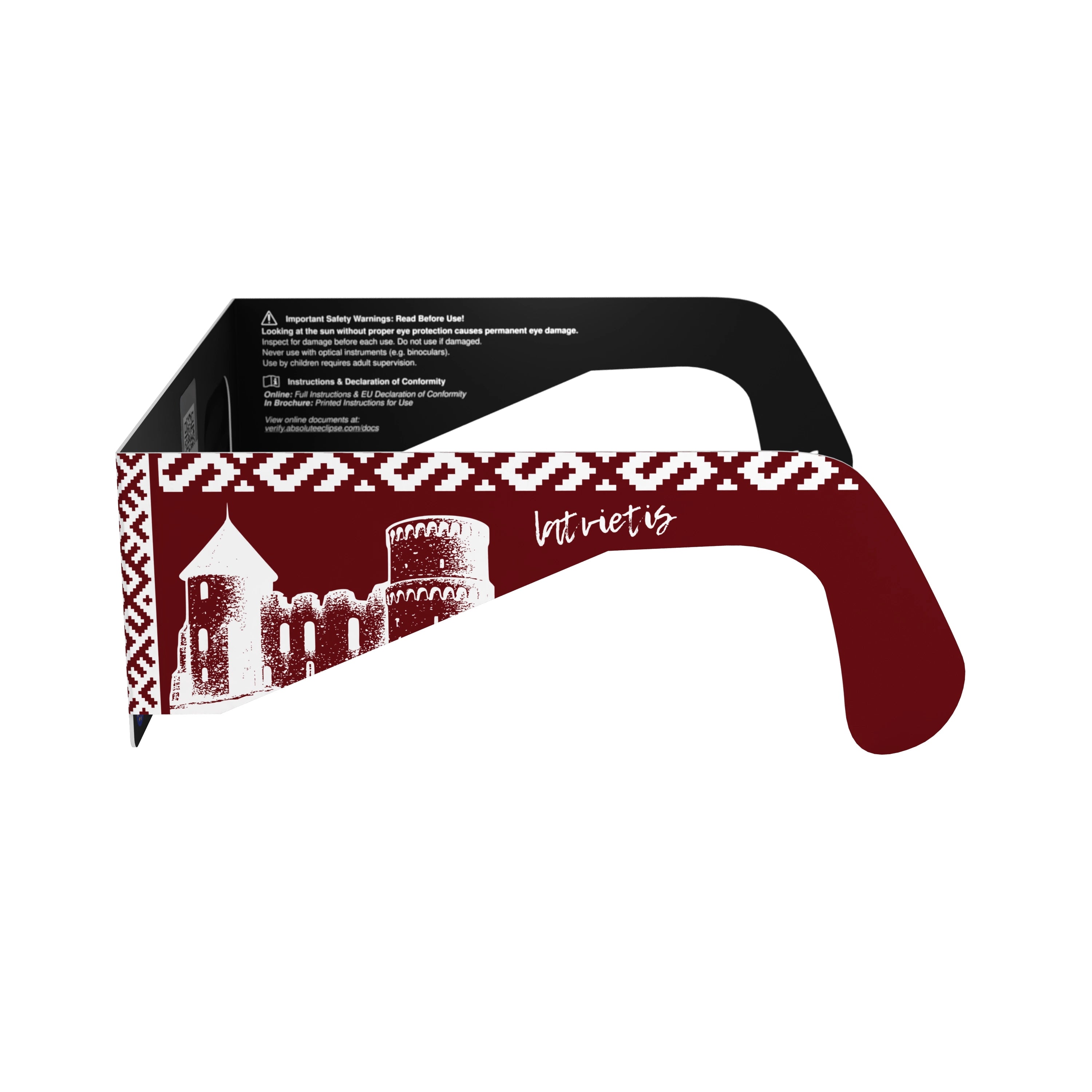 Side alternate profile view of solar eclipse glasses, displaying the flat lenses and design.