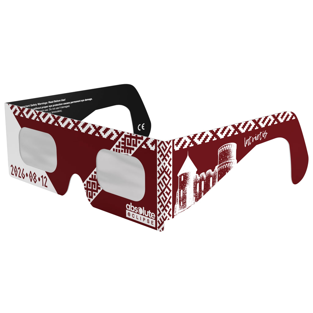 Front-side main angle view of solar eclipse glasses, presenting the sleek design and lens surface.