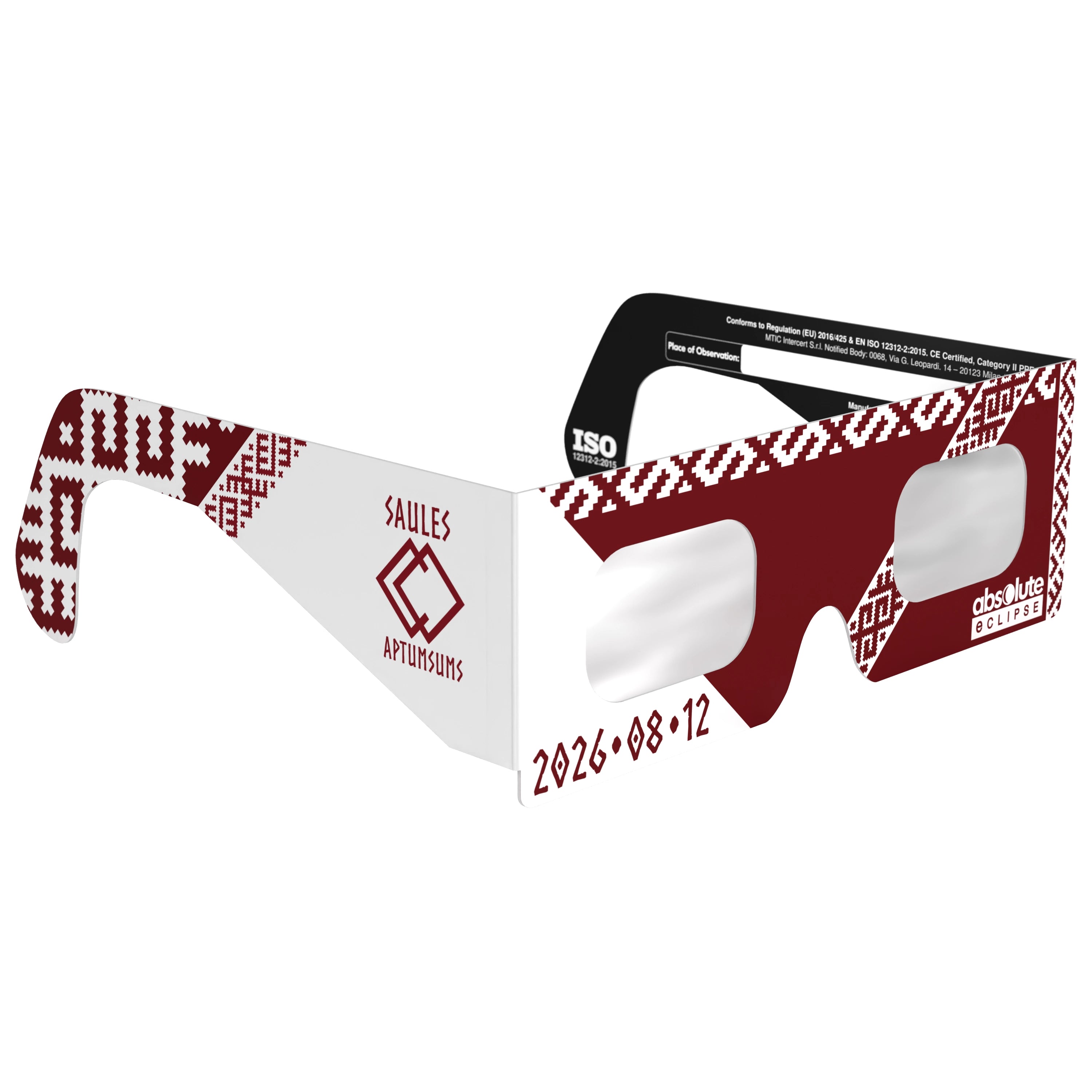 45-degree angle view of solar eclipse glasses, highlighting the sleek design and lens quality.