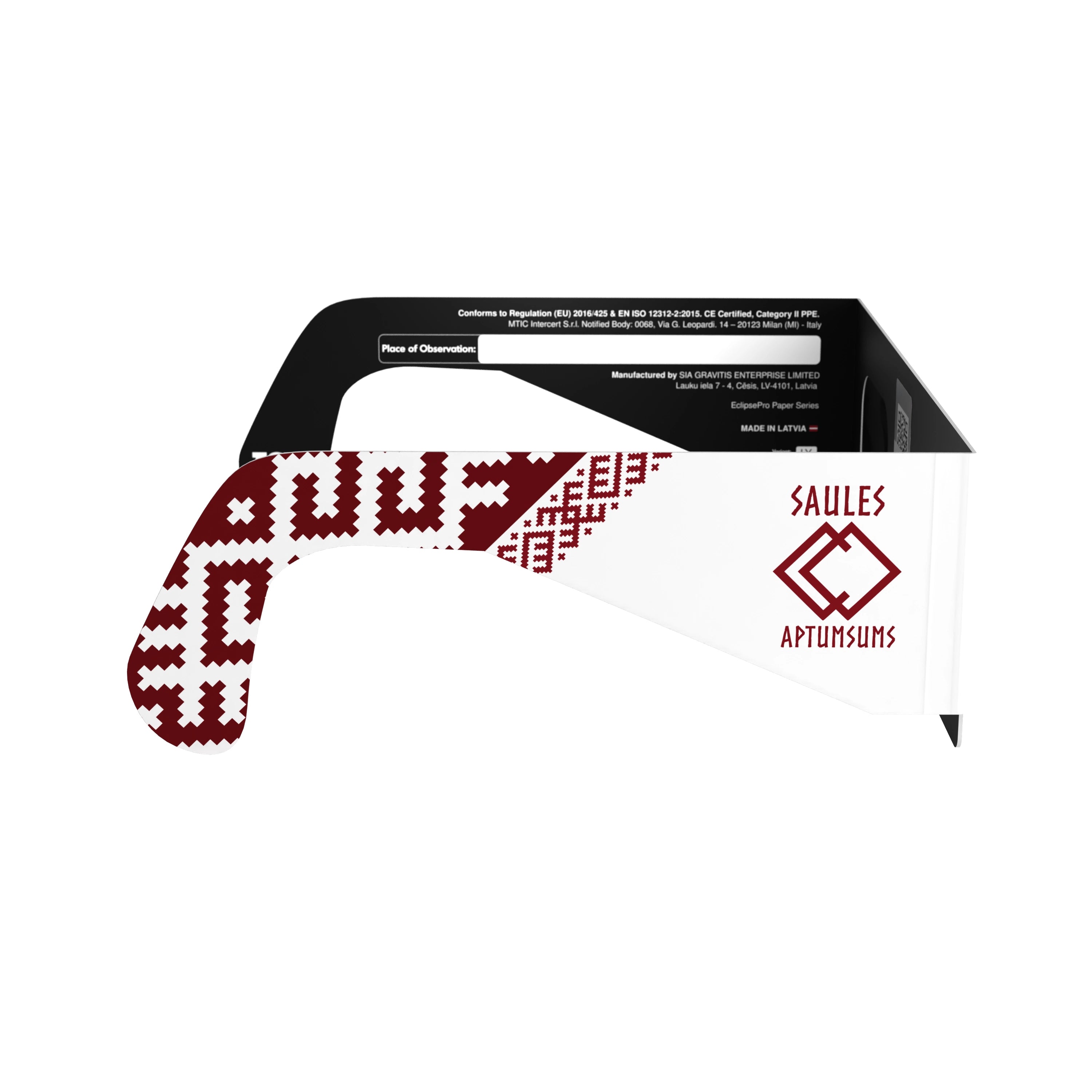 Side profile view of eclipse glasses, emphasizing the flat lens design for safe solar viewing.