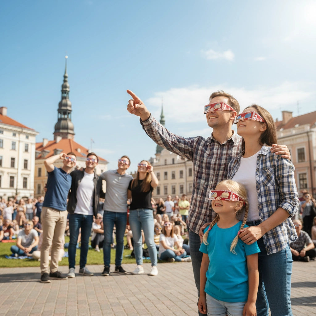 Family enjoying a sunny day in Riga, all wearing solar eclipse glasses and looking up at the sky.