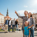 Family enjoying a sunny day in Riga, all wearing solar eclipse glasses and looking up at the sky.