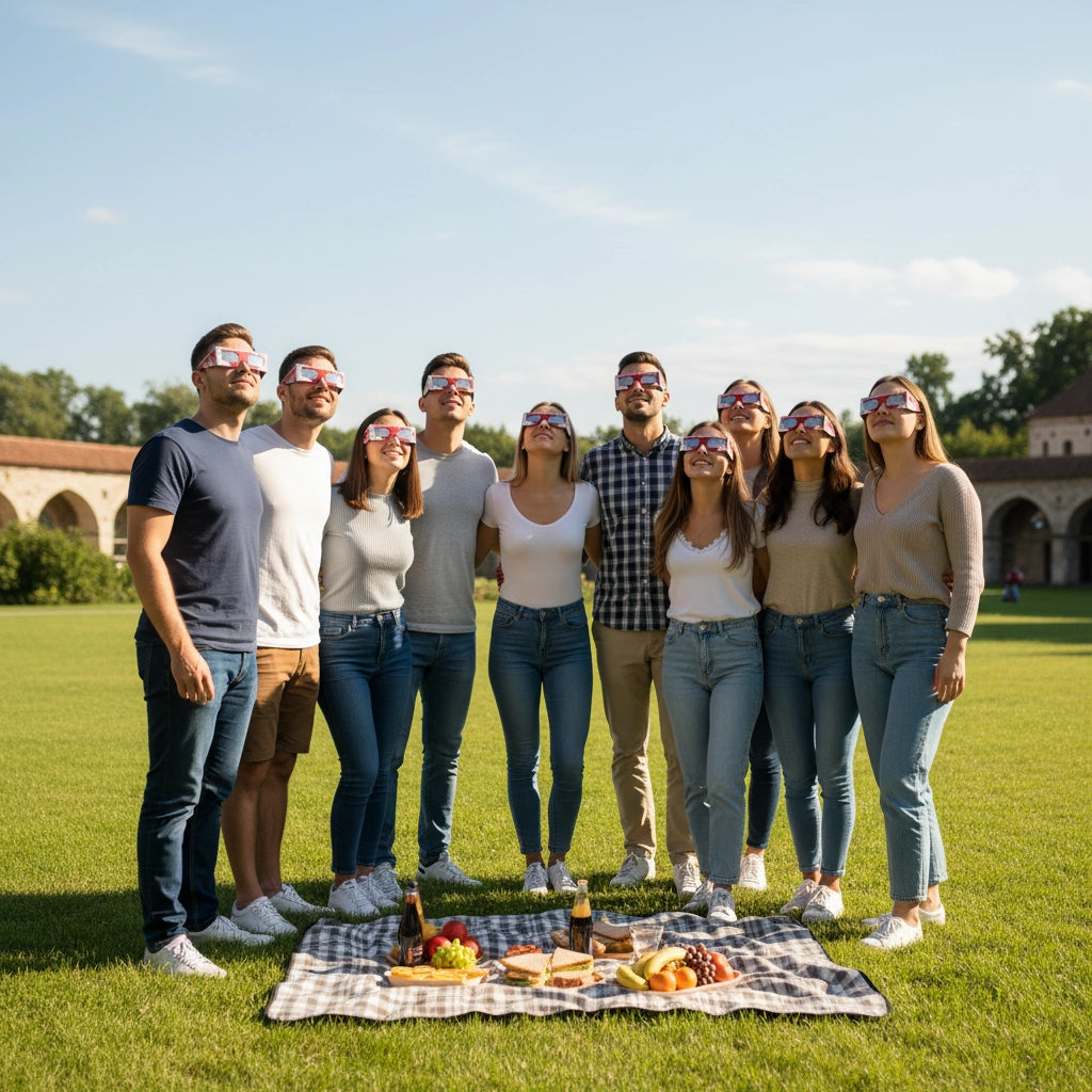A group of friends wearing eclipse glasses at a sunny park party, all looking up with smiles of wonder.
