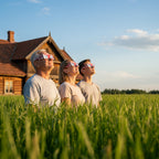 A Latvian family in a green meadow, all wearing eclipse glasses and looking up at the bright sky. ISO 12312-2 certified.