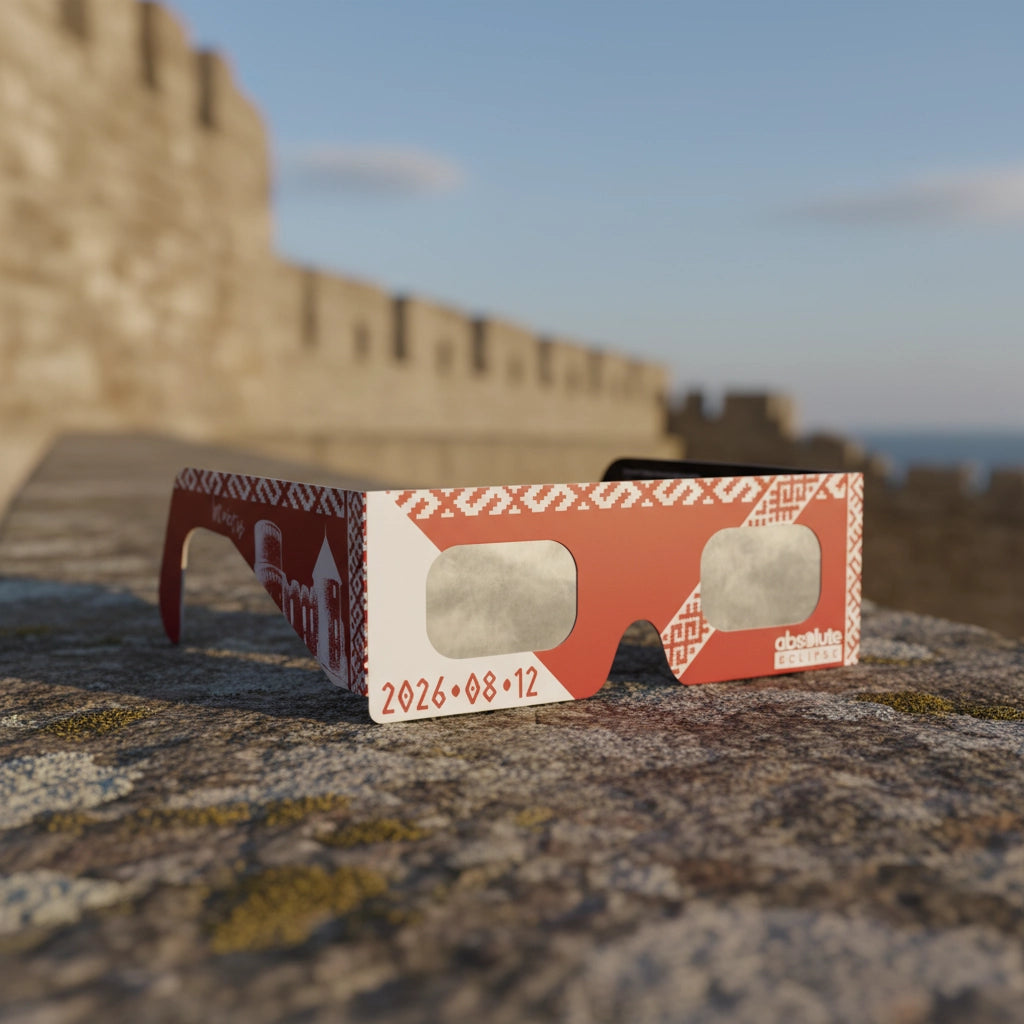Elegant solar eclipse glasses on a weathered stone ledge, perfect for safe viewing. ISO 12312-2 certified.