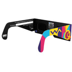 Back-side angle view of Memphis design glasses, showcasing QR authenticity sticker.