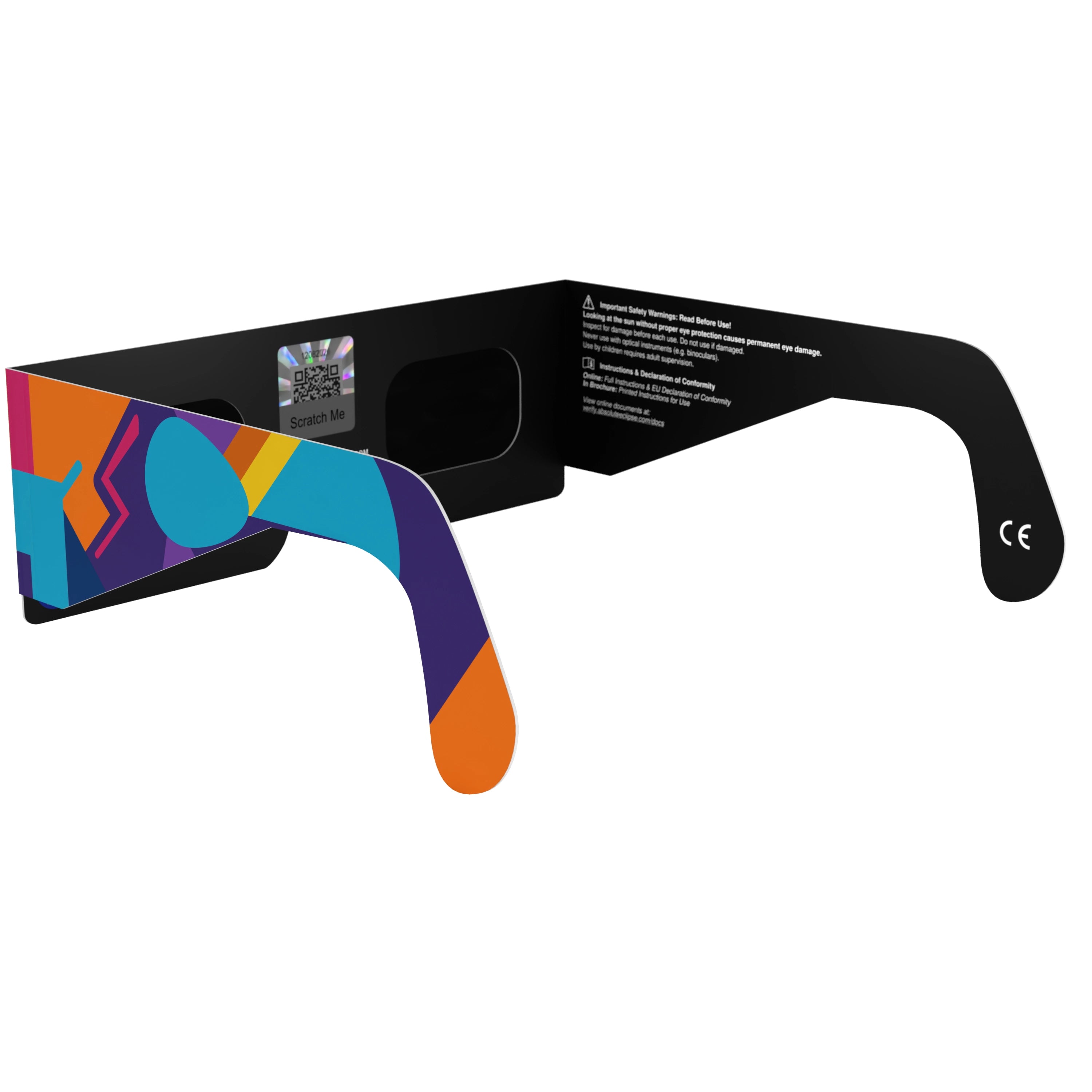 Back-side angle view of Memphis design solar eclipse glasses, with QR authenticity sticker visible.