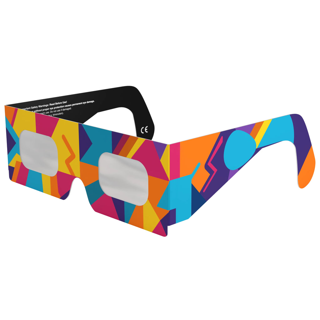 Front-side main angle view of Memphis design eclipse glasses emphasizing geometric shapes.