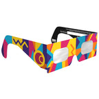 Front-side angle view of Memphis design eclipse glasses highlighting their retro geometric pattern.