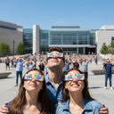 A vibrant community event at a plaza, diverse friends wearing Memphis design eclipse glasses, looking up.