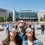 A vibrant community event at a plaza, diverse friends wearing Memphis design eclipse glasses, looking up, ISO 12312-2 certified.