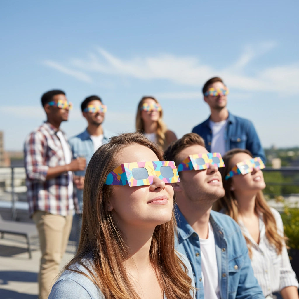 At a rooftop party, friends wearing Memphis design eclipse glasses gaze upward in wonder, meeting EN 166 standards.