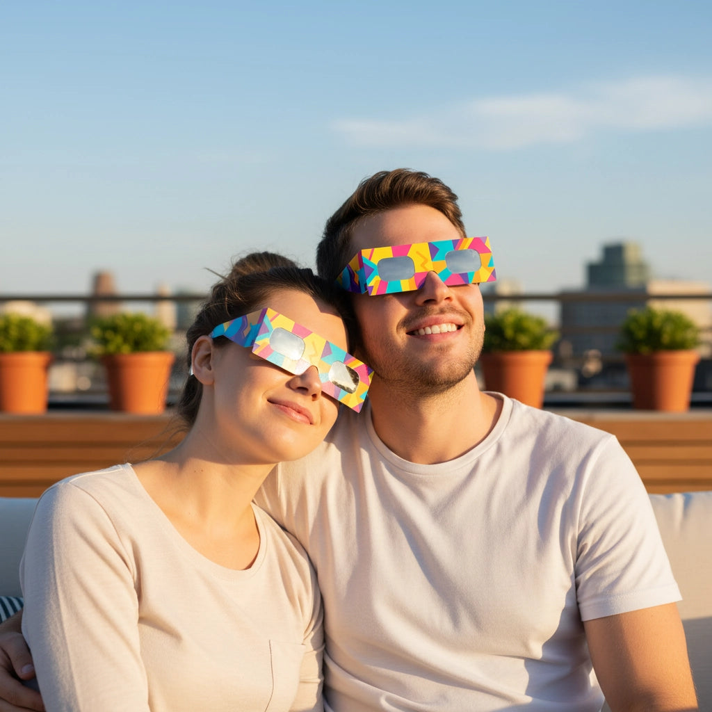 A couple on a sunny rooftop wearing Memphis design eclipse glasses, enjoying the moment together, CE certified.