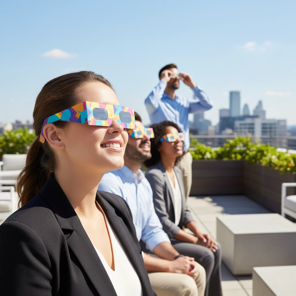 Colleagues at a corporate event on a terrace, wearing Memphis design glasses, looking up in awe, CE certified.