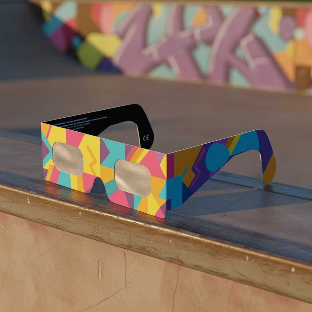 Showcasing Memphis design solar eclipse glasses on a sun-warmed skatepark ledge, ISO 12312-2 certified.