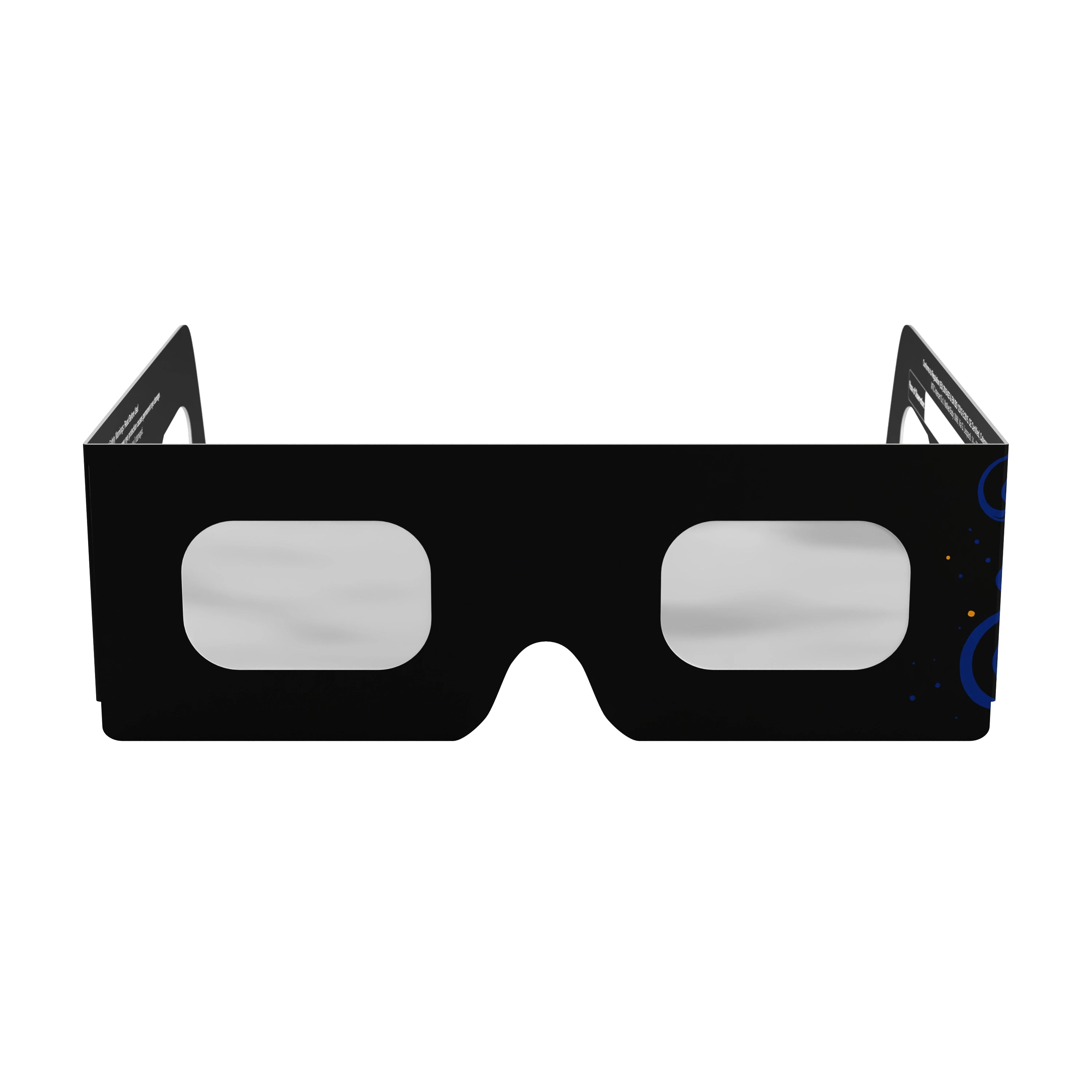 Front view of Music design solar eclipse glasses, highlighting their flat lenses and stylish pattern. ISO 12312-2 compliant.