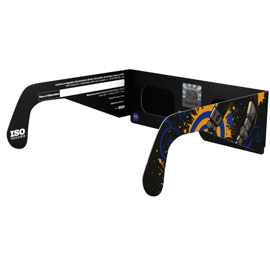 Back-side angle view of Music design eclipse glasses, with a visible QR authenticity sticker.