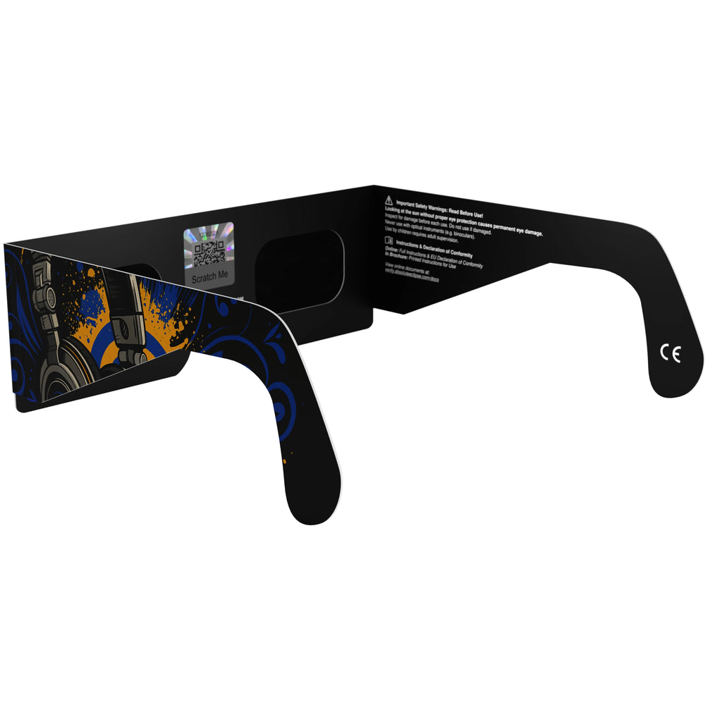 Back-side alternate angle view of Music design eclipse glasses, with QR authenticity sticker visible.