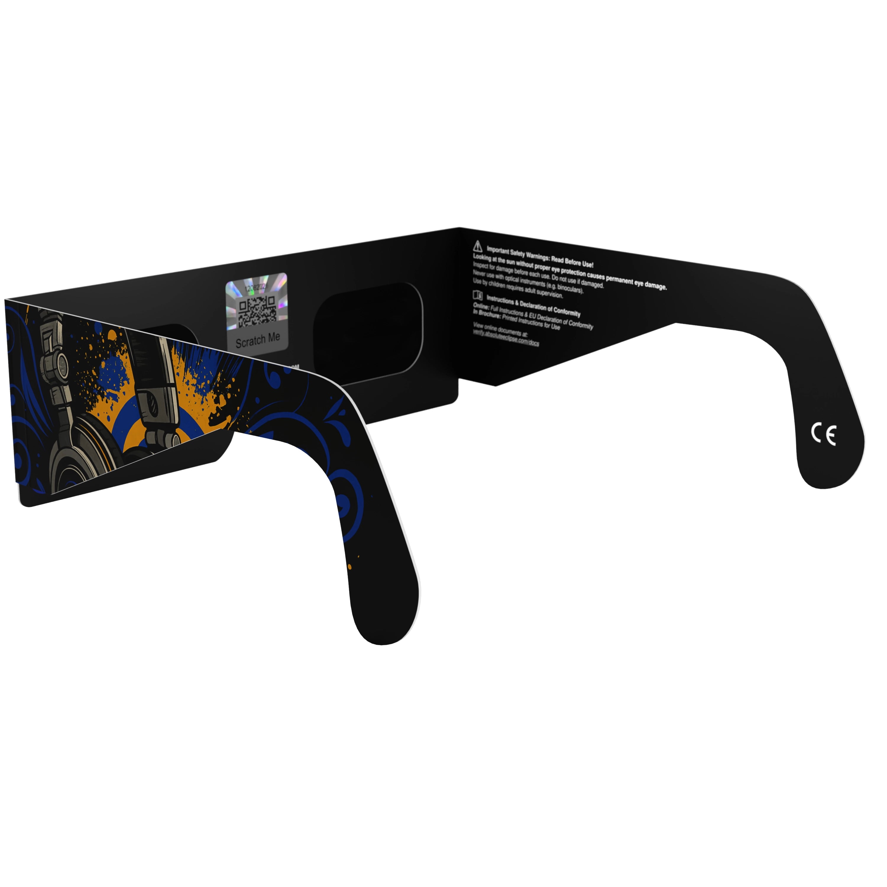 Back-side alternate angle view of Music design eclipse glasses, with QR authenticity sticker visible.