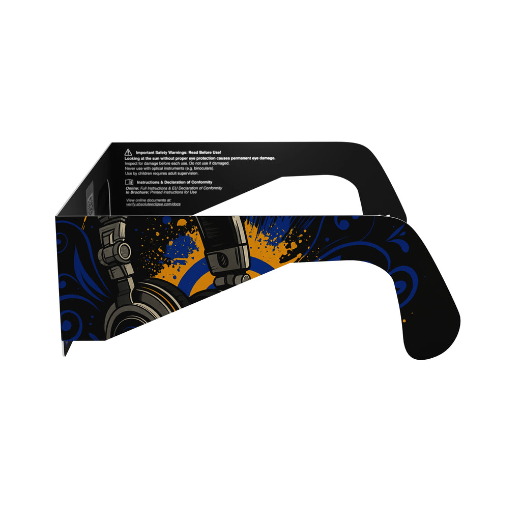 Side alternate profile view of Music design solar eclipse glasses, showcasing their clean lines.