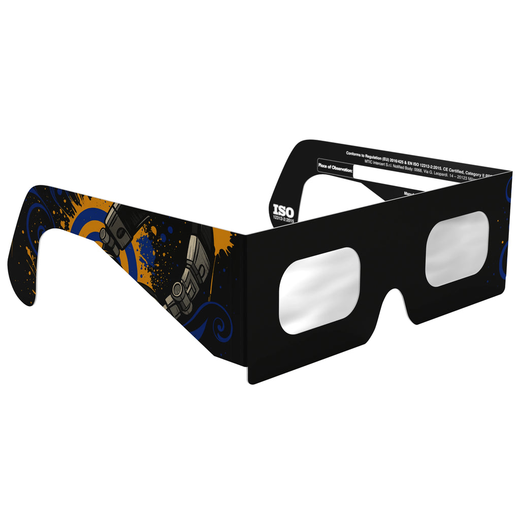 45-degree angle view of Music design solar eclipse glasses, showcasing their sleek design and flat lenses.
