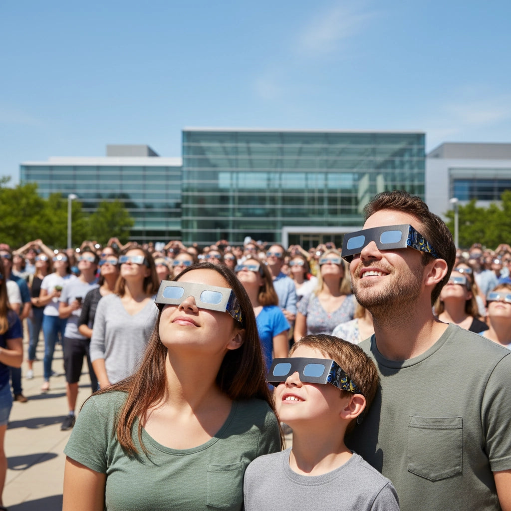 A diverse crowd gathered at a public viewing event, all wearing Music design solar eclipse glasses, looking up with joy. CE certified.