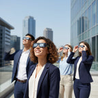 Young professionals at a corporate event, wearing Music design eclipse glasses, looking up in awe. Perfect for the August 12, 2026 eclipse.