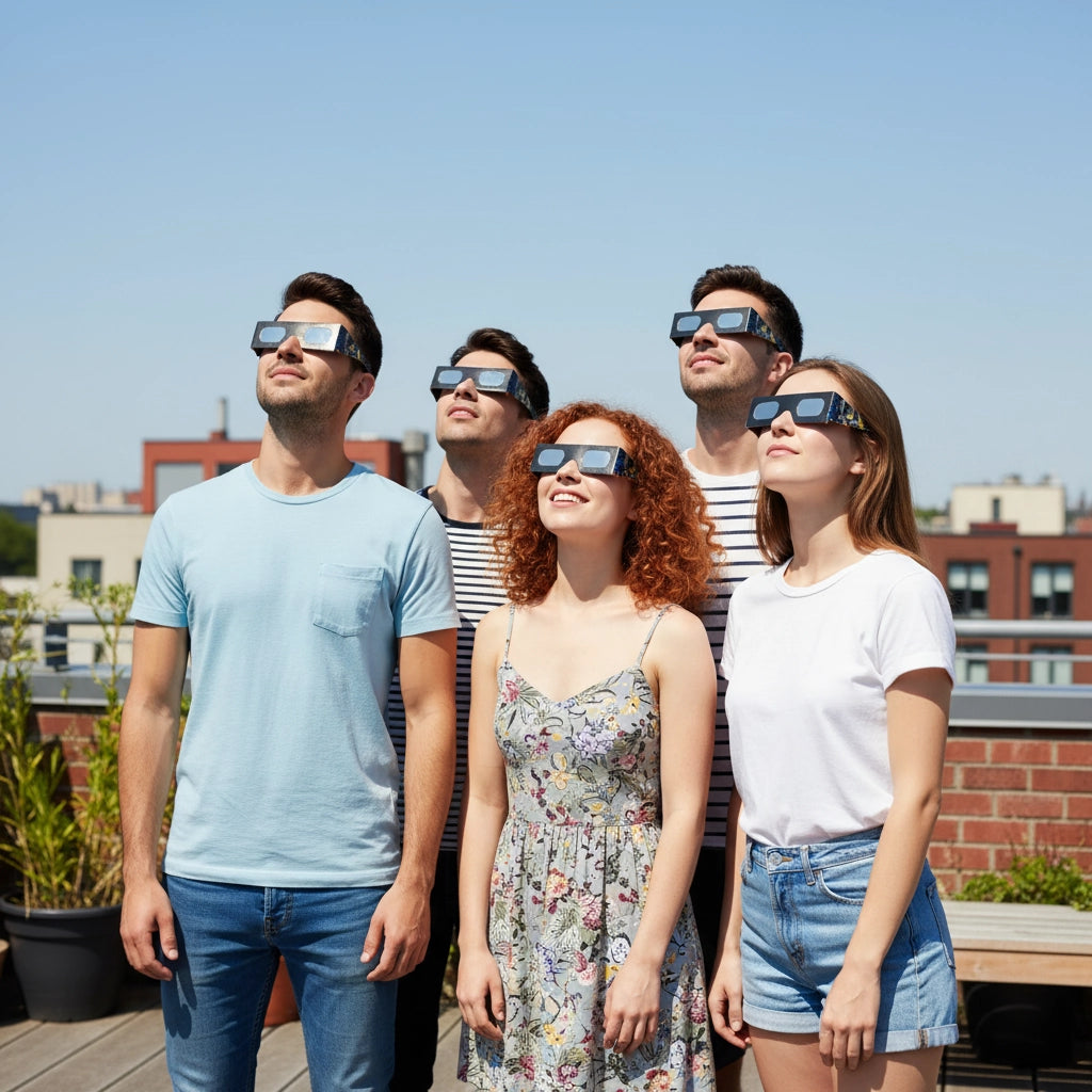 Four friends enjoying a sunny rooftop garden, all wearing Music design eclipse glasses, captivated by the sky above. ISO 12312-2 compliant.