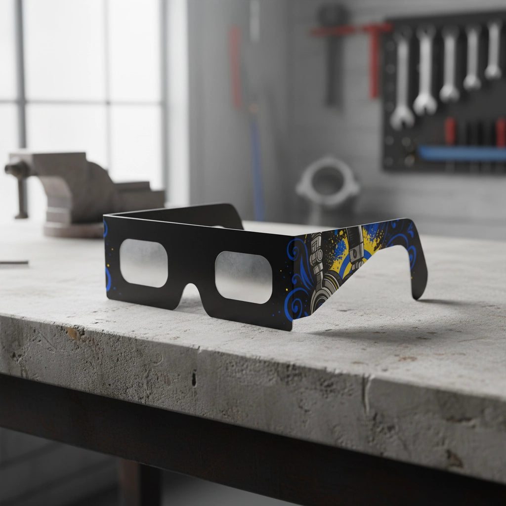 A photorealistic shot of Music design solar eclipse glasses on a weathered concrete bench, showcasing their sleek, flat lenses. CE certified.