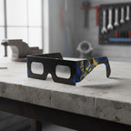 A photorealistic shot of Music design solar eclipse glasses on a weathered concrete bench, showcasing their sleek, flat lenses. CE certified.