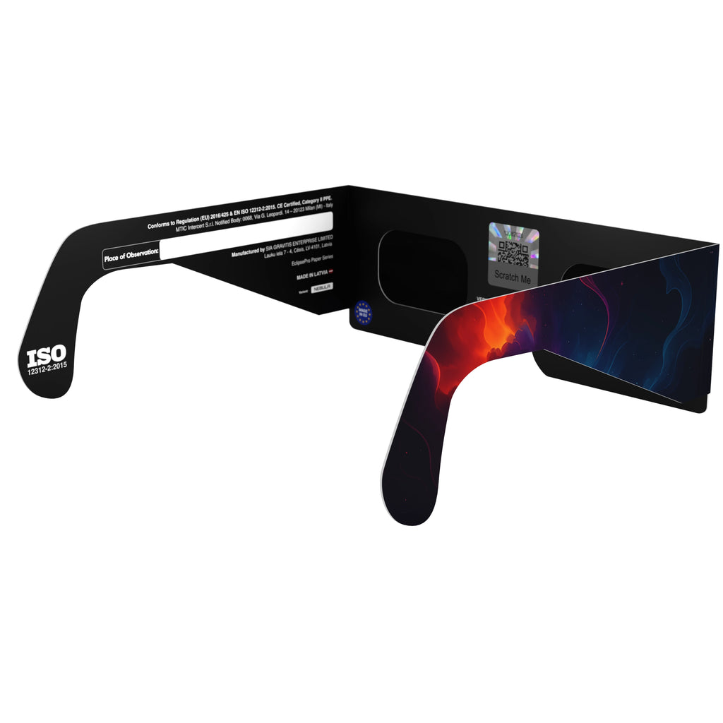 Back-side angle of Nebula design eclipse glasses, with QR authenticity sticker visible.