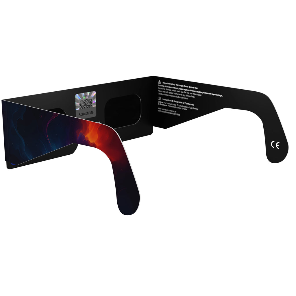 Alternate back-side angle view of Nebula design eclipse glasses with QR sticker visible.