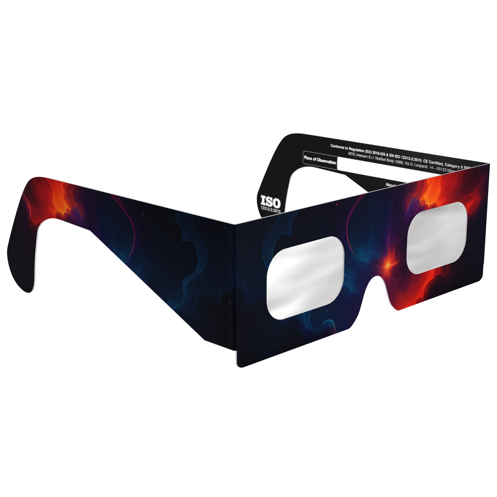 45-degree angle view of Nebula design solar eclipse glasses, highlighting the unique cosmic design.
