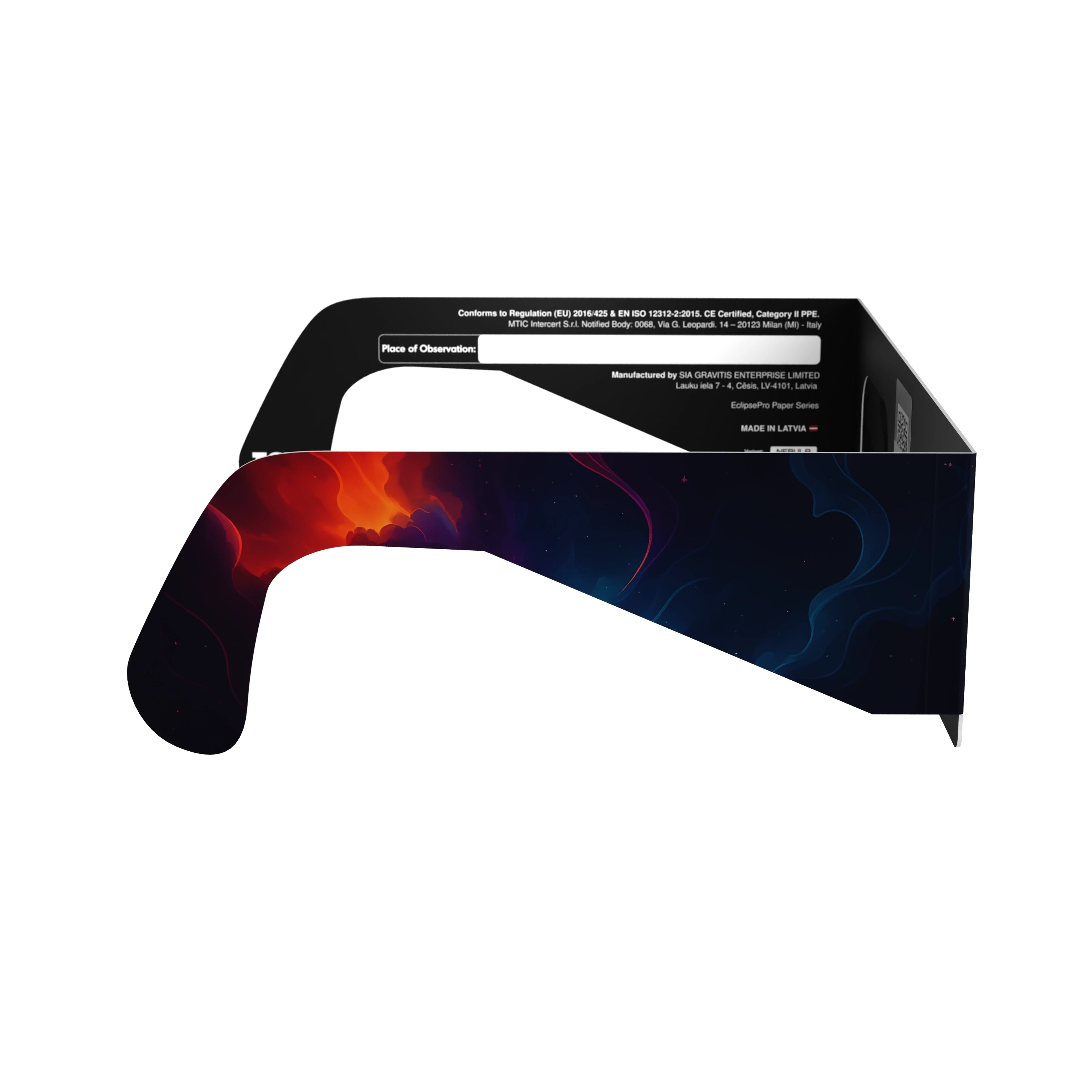 Side profile of Nebula design solar eclipse glasses, showcasing the cosmic cloud pattern.