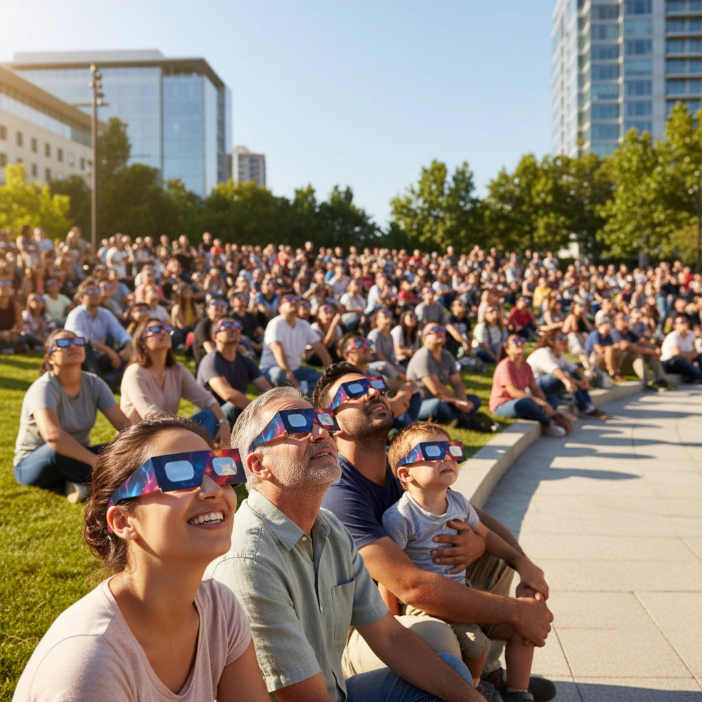 Family at a public event in a park, all wearing Nebula design eclipse glasses while gazing at the sky.