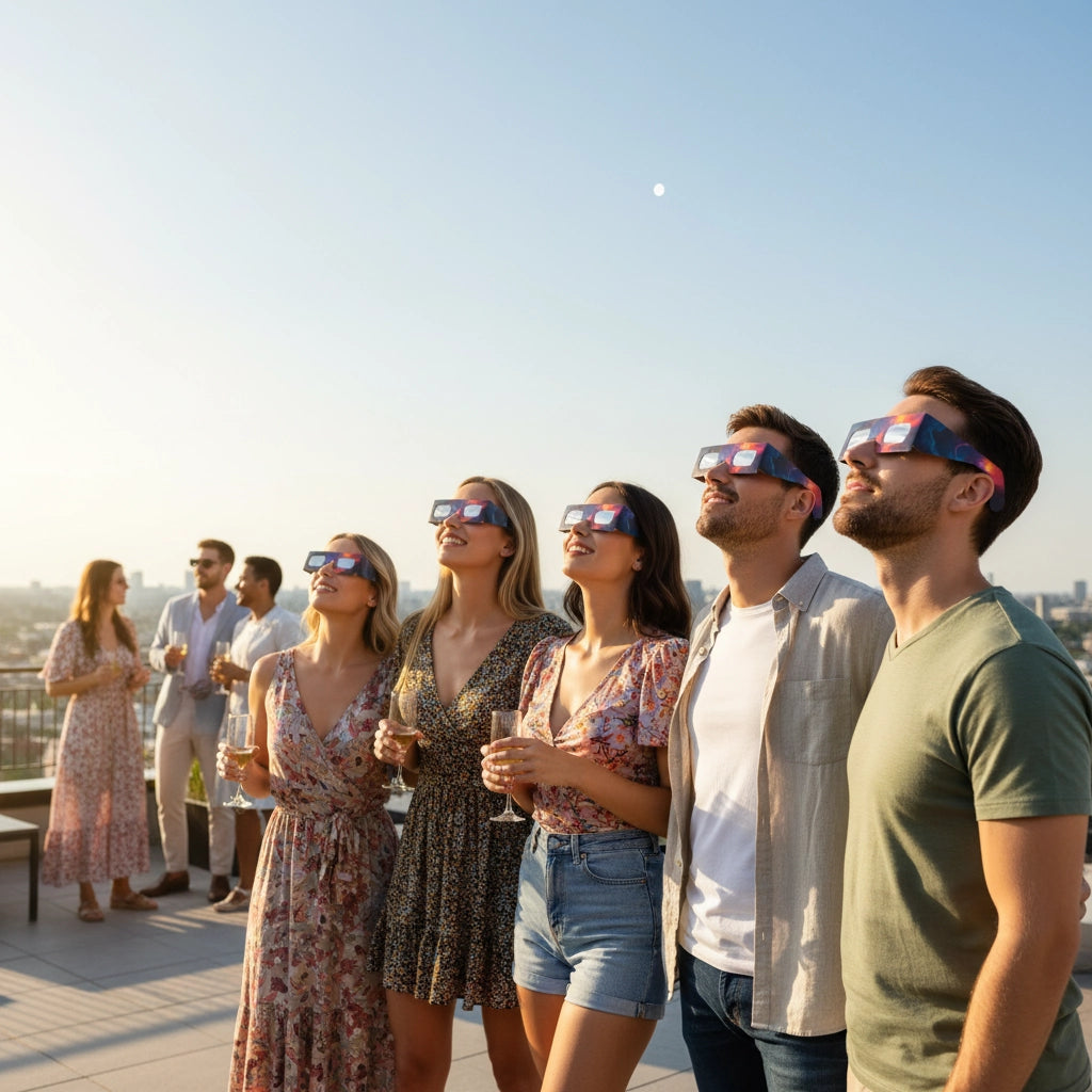 Group of five friends at a rooftop event, all wearing Nebula design eclipse glasses, enjoying the sunny sky.