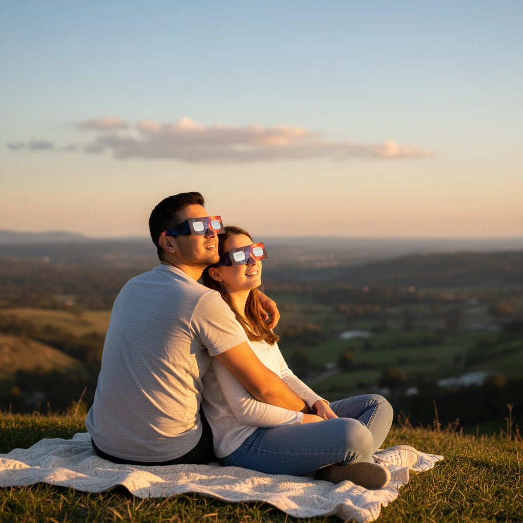 A young couple wearing Nebula design eclipse glasses on a grassy hilltop, sharing awe under the sky, CE certified.
