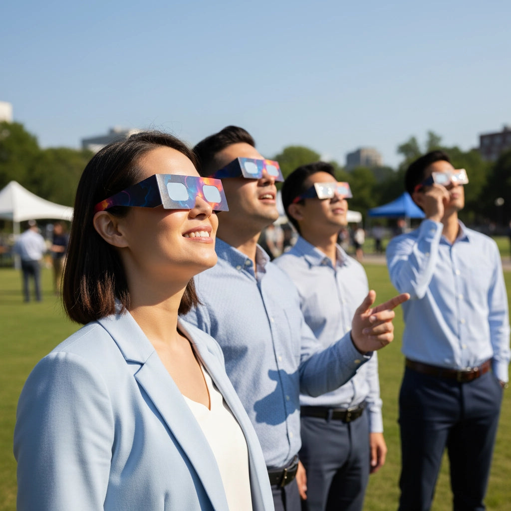 Colleagues at a community event, wearing Nebula design glasses while looking up, CE certified for safety.