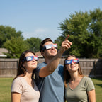 Three friends in a sunny backyard, safely viewing the sky with Nebula design glasses, ISO 12312-2 compliant.