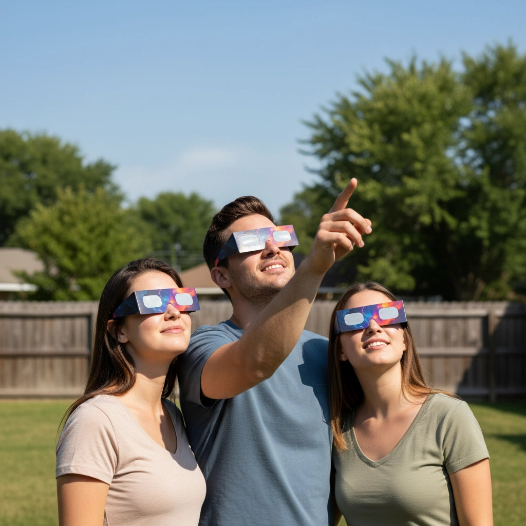 Three friends in a sunny backyard, safely viewing the sky with Nebula design glasses, ISO 12312-2 compliant.
