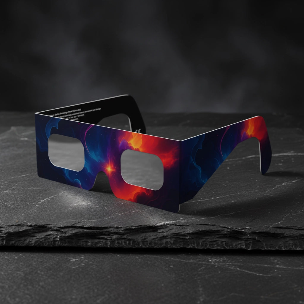 Elegant Nebula design solar eclipse glasses showcased on a textured slate slab, ISO 12312-2 certified.