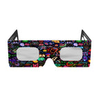 Front view of neon design solar eclipse glasses, showcasing CE certification and vibrant colors.