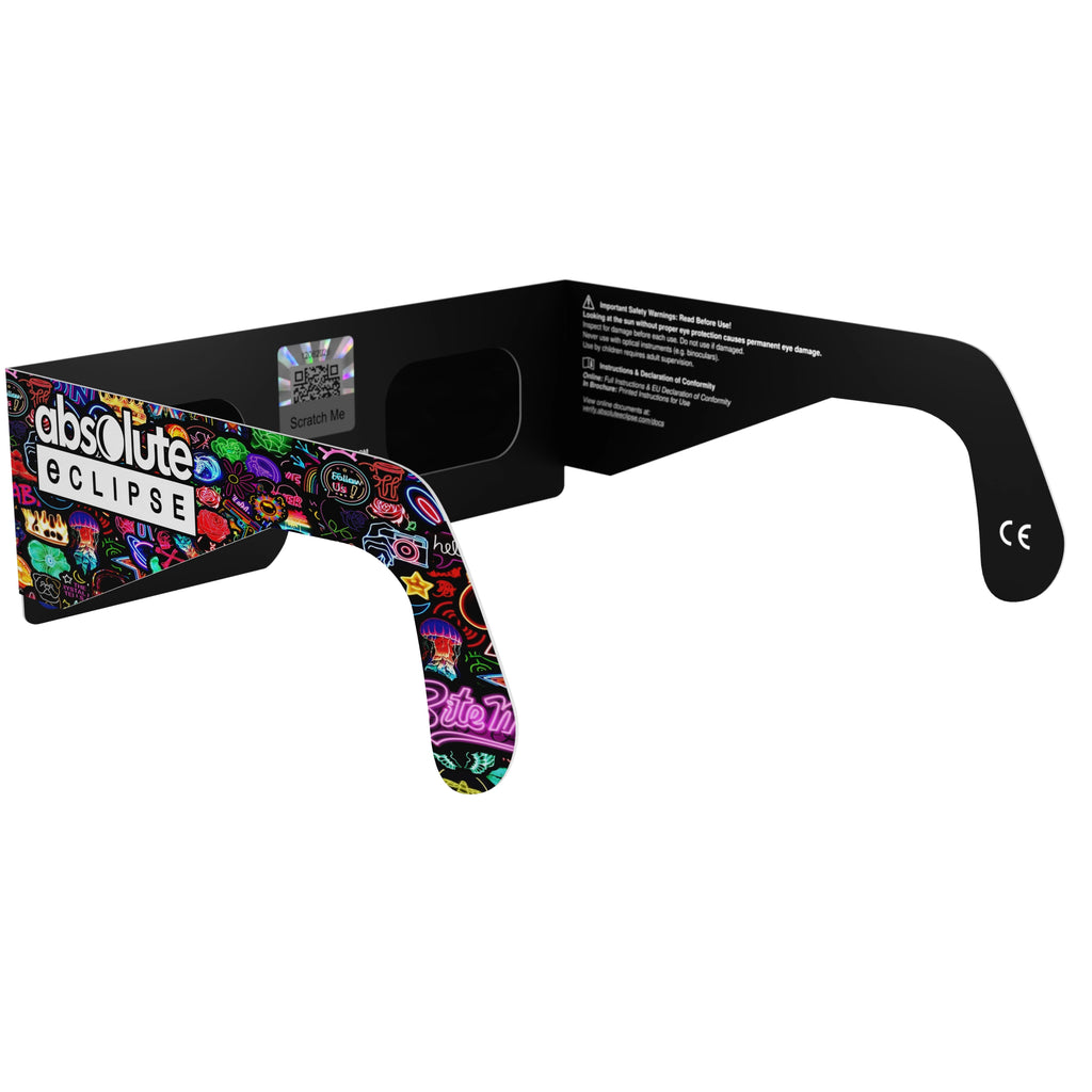 Back-side alternate angle of neon design eclipse glasses with QR sticker, showing vibrant colors.