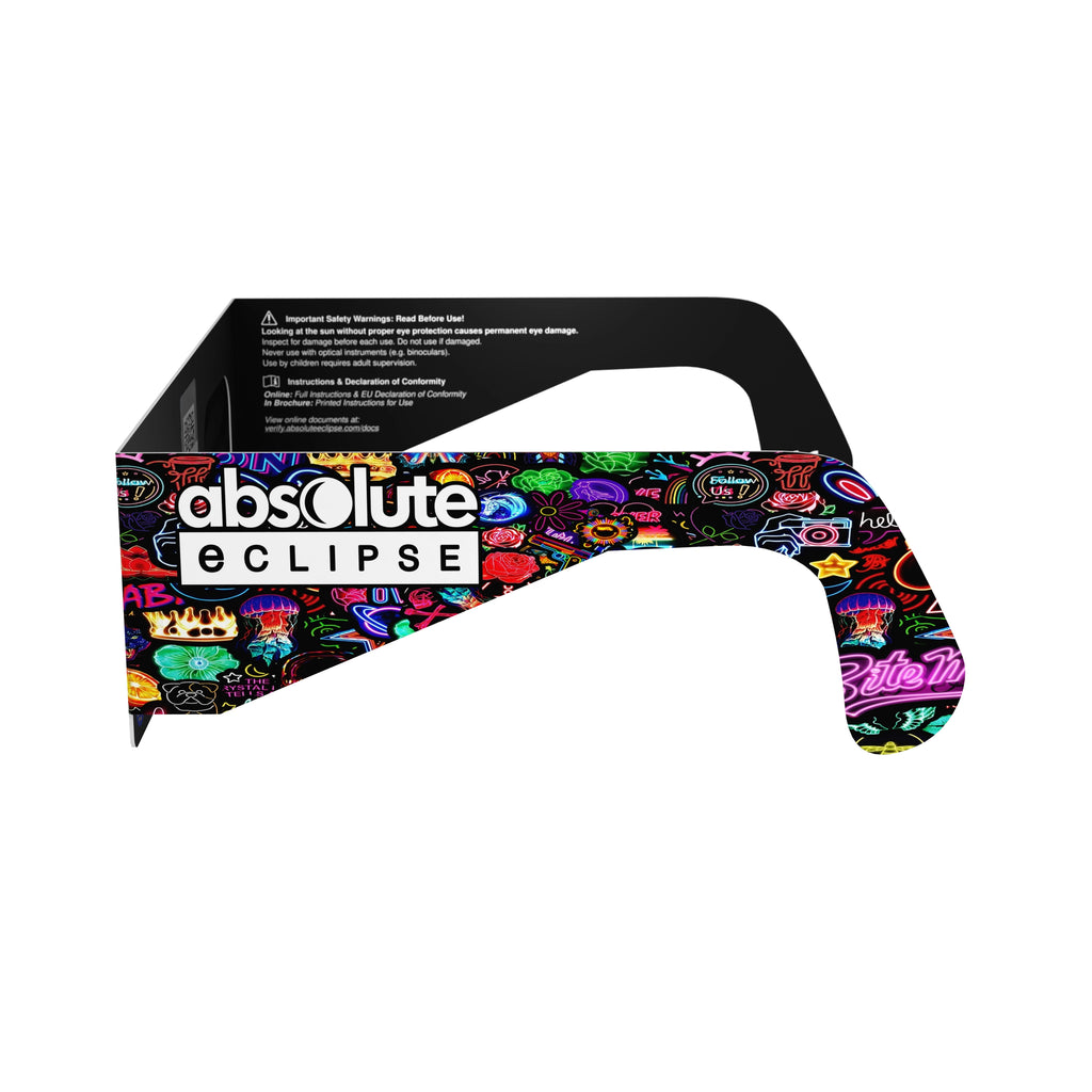 Side alternate profile view of neon solar eclipse glasses, showcasing their vibrant design and safety features.