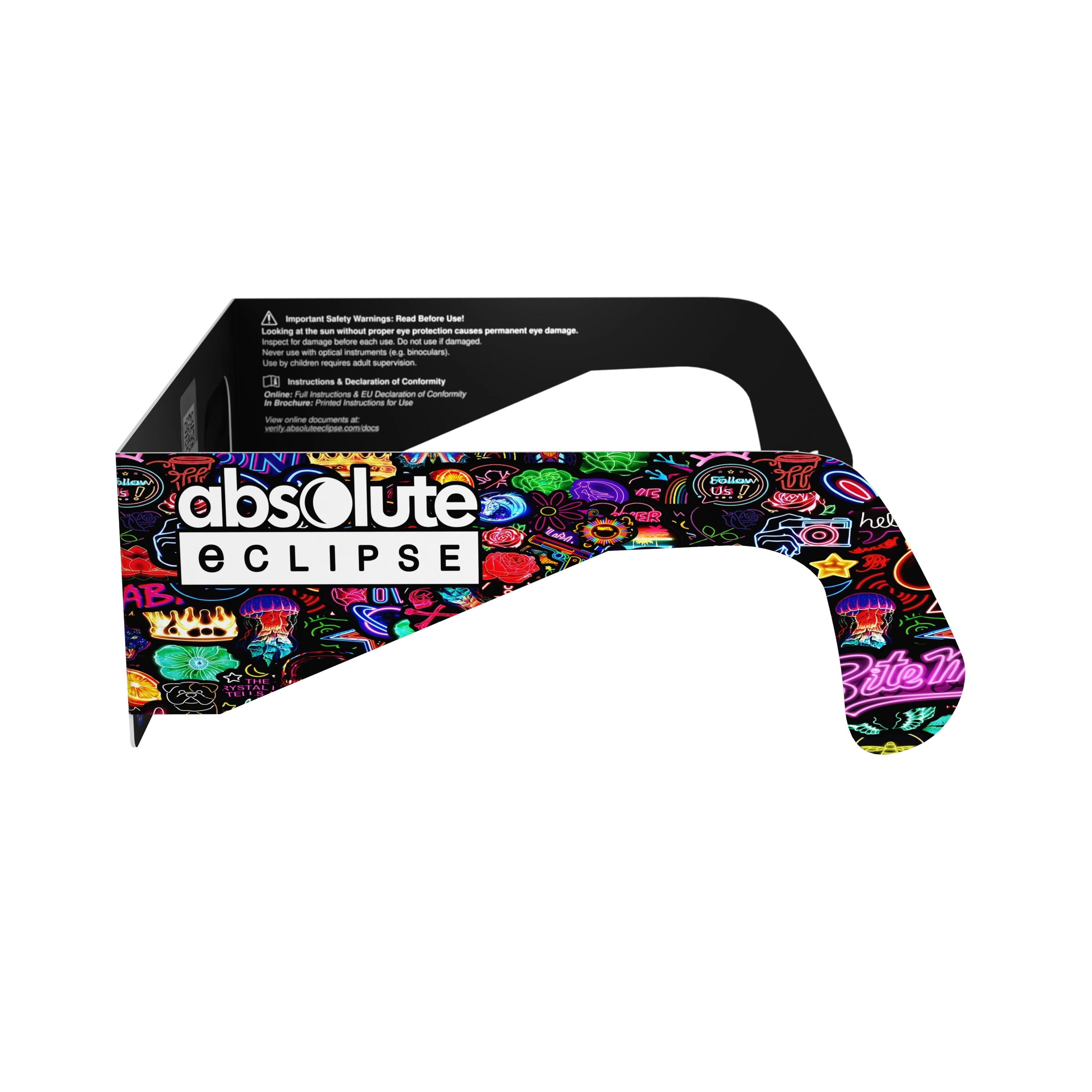 Side alternate profile view of neon solar eclipse glasses, showcasing their vibrant design and safety features.